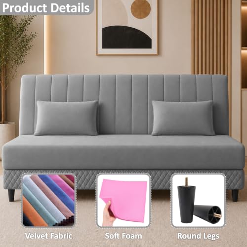 Image of Rosebell Modern 3 Seater Velvet Sofa Cum Bed with Cushion | Premium Upholstered Fabric | Tufted Backrest | Wooden Legs | Living Room Furniture | Grey