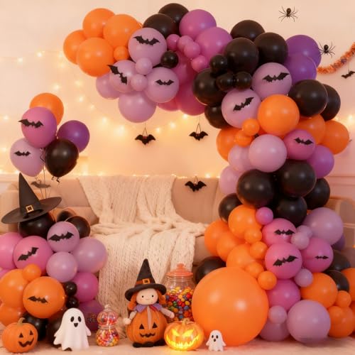 Image of Pink Halloween Balloon Garland Arch Kit,Purple Black Balloons with 3D Bats Decor,Spider Foil Balloon for Halloween Birthday Party Supplies Decorations