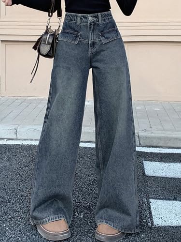 Image of Aahwan Women's Flared Fit High Rise Solid Wide-Leg with Flap Detailing Korean Jeans