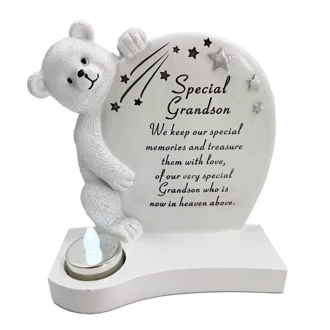 Angraves Special Grandson Teddy Bear Shooting Star Memorial Graveside Ornament Plaque with Tealight Baby Boy