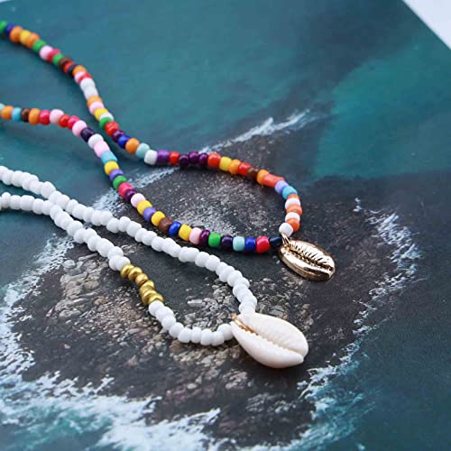 Allereya Boho Layered Shell Choker Necklace Rainbow Seed Bead Choker Necklace Short Colorful Necklace Cowrie Shell Necklace Jewelry for Women and Girls - Image 5