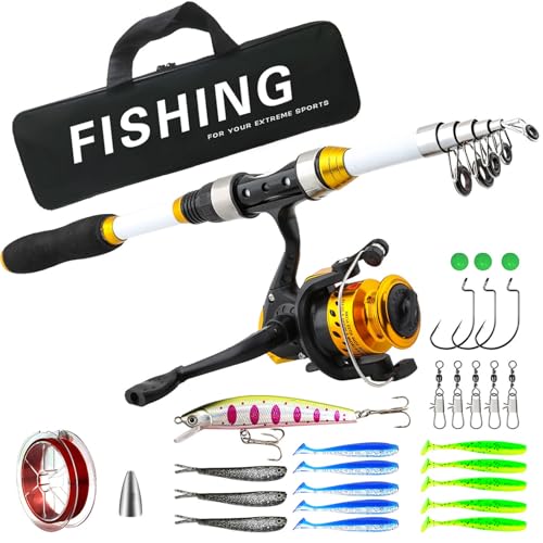 Caña de Pesca y Carrete | Kit De Equipo Telescópico con Bolsa De Transporte - Set de Caña de Pescar - para Agua Dulce Hielo Surf Muelle Mar Lago Río Estanque Borde Barco y Agua Salada