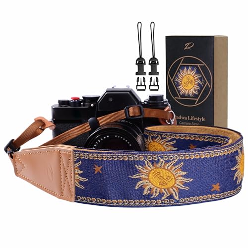 Image of Padwa Lifestyle Sun God Camera Strap - 2 inch Full Grain Leather Ends, Vintage Sun Face Camera Straps for Photographers, Soft Chamois Velvet Padded Strap Quick Release fits All Cameras