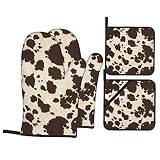 Brown Cowhide- Oven Mitts and Lid Pads, Washable and Comfortable Heat-Resistant Kitchen Non-Slip Mic