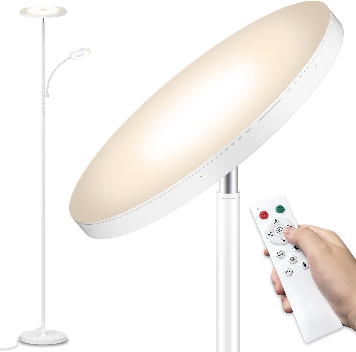 LED Uplighter Floor Lamp, Upgraded 42W 4200LM Dimmable Floor Standing Lamp with Remote & Touch Control, 1min Installation, Standard Reading Lamps Living Room Modern for Bedroom,office,babyroom(White)