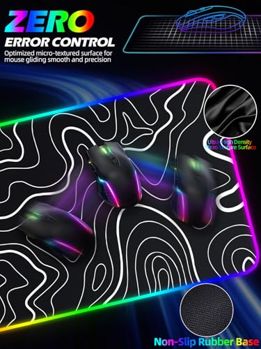 Image of XXL Mouse Pad with Phone Holder - Black, RGB Desk Mat with 15W Fast Charging, LED Gaming Mousepad with 11 Light Colors, Waterproof Non-Slip Pad for Office & Home (Topographic)