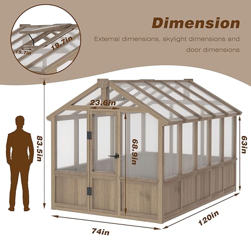 Image of Mupater 6'x10' Wooden Greenhouse for Outdoor, Heavy Duty Green House Kit with Ventilated Window and Lockable Door, 6mm PC Panels for UV Protection, Walk-in Greenhouse for Backyard, Garden, Lawn