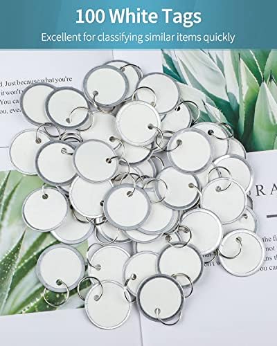 Uniclife Metal Rim Key Tags 2.5 cm White Paper Labels Writable Round Plastic Key Chain Tags with Split Rings Sturdy Lightweight Item Identifiers, 100 Pack