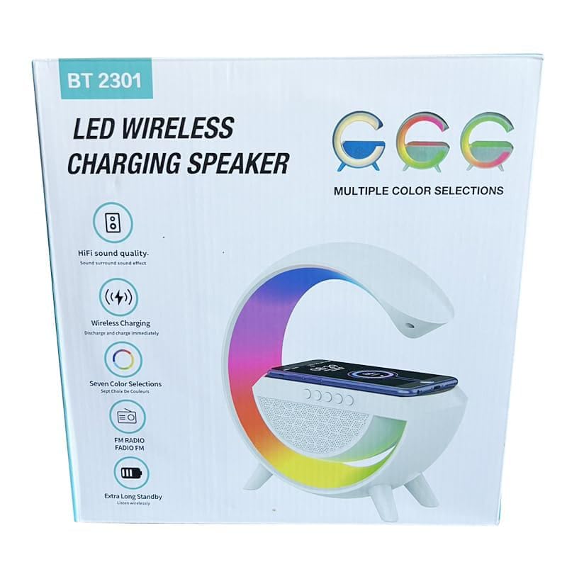 Product packaging for LED Wireless Charging Bluetooth Speaker, showing features like HiFi sound, wireless charging, multiple color selections, FM radio, and long standby.
