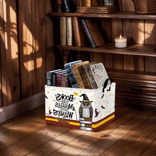 Image of Kid Rectangle Magic Decor Basket Nursery Baby Gift Basket Feather Hat Book Broomstick Toy Storage Bin (Wand Owl)