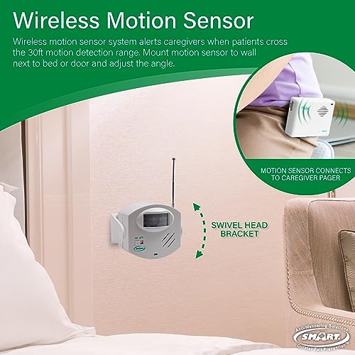 Image of Smart Caregiver Wireless Motion Sensor Alarm System with Pager for Fall and Wandering Prevention | Mountable Motion Detector Alarm Alerts Medical Caregiver with Up to 300' Range | Bed or Door Movement