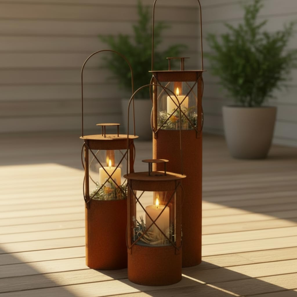 Edelrost Laterne Bella mit Glaseinsatz – Gartenlaterne Metall Rostoptik – Windlicht für Garten, Terrasse und Balkon – Rustikale Gartendeko für Kerzen - Höhe 57 cm inklusive Bügel