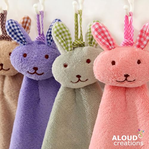 Image of ALOUD CREATIONS Microfiber 4Pc Cute Plush Animal Hand Towels with Hanging Loop |Rabbit Theme |Wash Basin|Sink |Soft Hand Towel for Bathroom & Kitchen |400 GSM |Assorted Colours