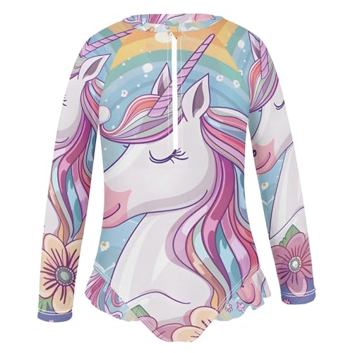 Unicorn and Flowers Clouds Girls Long Sleeve Swimsuit Rash Guard One Piece Bathing Suits Zipper 3-12T2