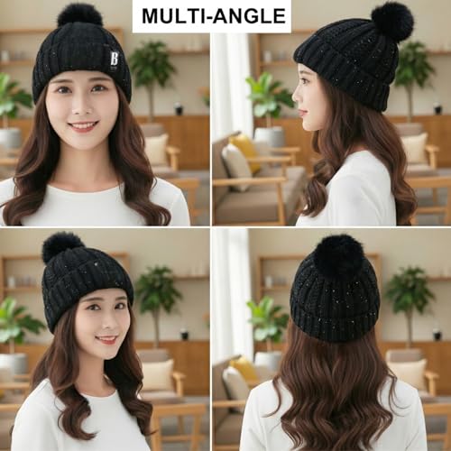 Image of Kraptick Women's Winter Cap - Knit Beanie with Soft Fleece Lining Hat, Stylish Pom Pom Thick Woollen Skull Cap, Warm Hat for Ladies & Girls -3
