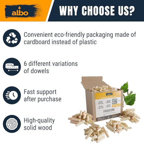 image for ALBO Wooden Dowel Pins 100 Pack Assorted Sizes 1/2 + 3/8 + 5/16 + 1/4 