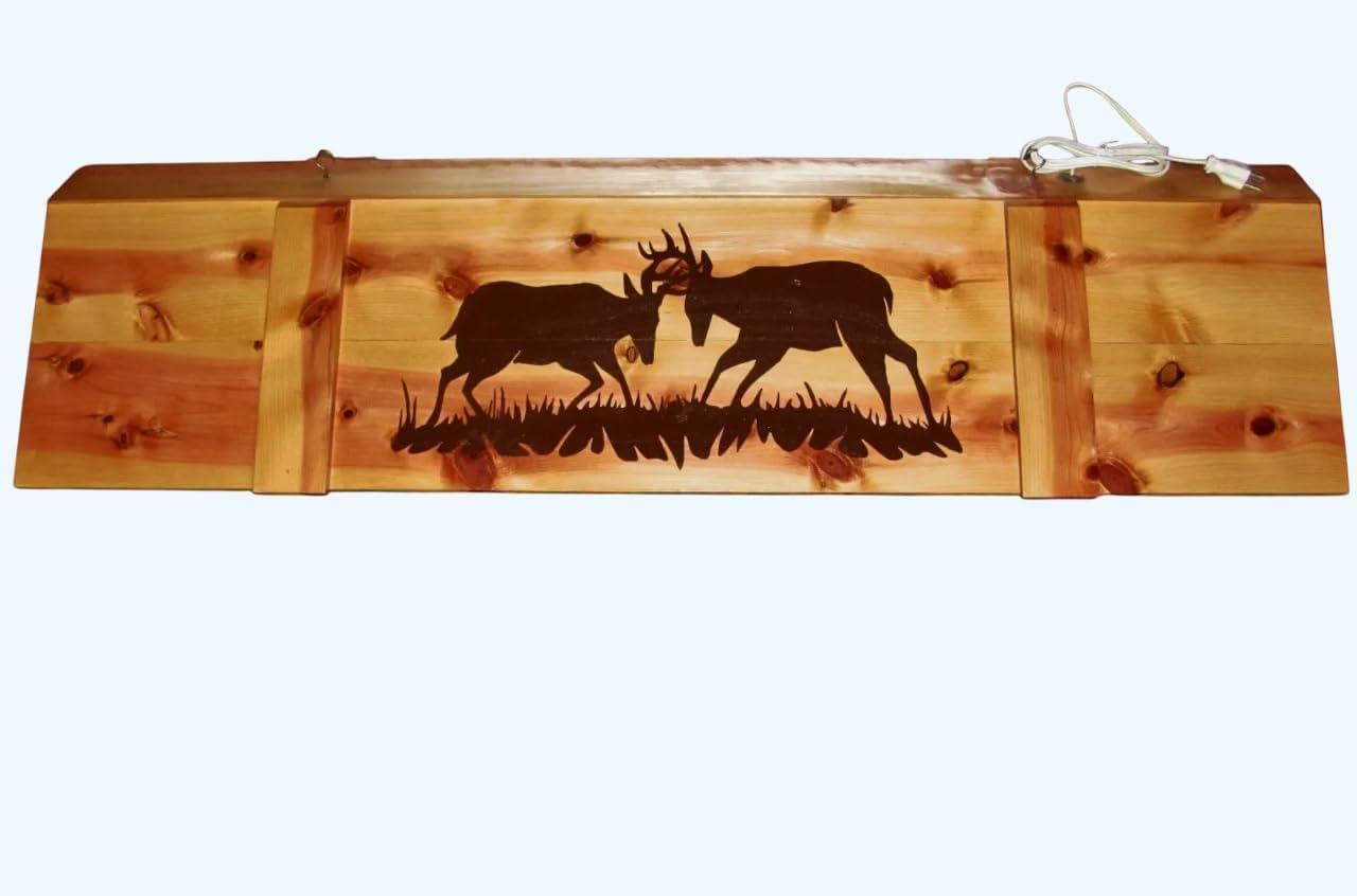 Rustic Cedar Pool Table Light with Fighting Deer Silhouette Design, Wood Billiard Lamp 52" Long