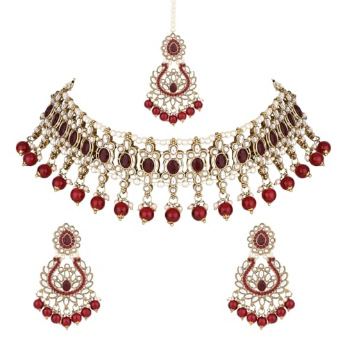 Image of I Jewels Gold Plated Traditional Kundan Pearl Drop Choker Necklace Jewellery With Earrings & Maang Tikka Set For Women /Girls