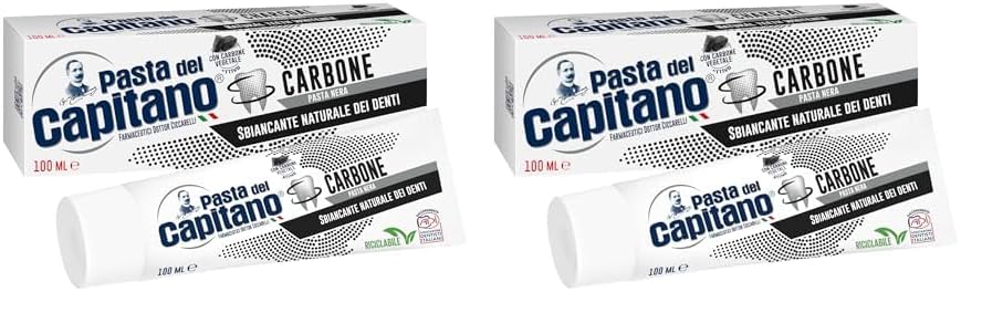 Pasta del Capitano, Dentífrico de Carbón Vegetal Activo Bio, Blanqueador Natural de Dientes en Pasta Negra, Efectivo contra las Sustancias que Manchan el Esmalte, 100% Made in Italy, Tubo de 100 ml