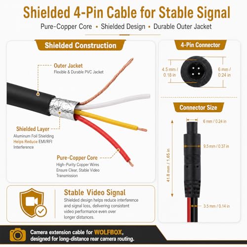 Image of 33FT Rear Camera Extension Cable for WOLFBOX G840S /G930 /G850 /G840H(Type-C) /G900 /i07 /i17 /T10 Plus, for Wolfbox Extension Cable 4-Pin 2.5 mm Pure-Copper Wire for Cars, Trucks, SUVs & Vans