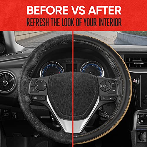 Image of Motor Trend SoftTouch Wood Grain Steering Wheel Cover for Cars - Standard 15 Inch Black & Beige Faux Leather Car Steering Wheel Cover with Light Wood Trim, Fits Auto Truck Van SUV