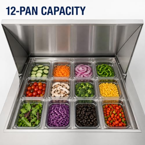 Image of JINSONG 28-Inch Commercial Refrigerated Sandwich & Salad Prep Table, 7.4 Cu. Ft. Stainless Steel Food Prep Refrigerator with Cutting Board and 12 Pans for Restaurants, Bars and Cafes
