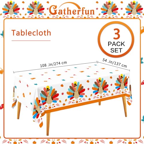 Image of Gatherfun Turkey Thanksgiving Party Supplies - 3 Pack Disposable Plastic Tablecloth, 54 inchx108 inch Table Cover Ideal for Autumn and Thanksgiving Party Decorations