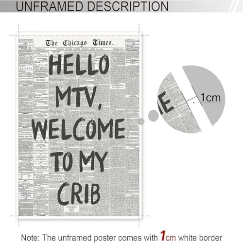 Image of Drimiler Hello Mtv Welcome To My Crib Poster Vintage Black And White Newspaper Canvas Wall Art Positive Affirming 70'S Room Aesthetic Prints Painting For Home Bedroom Dorm Wall Decor 8x12in Unframed