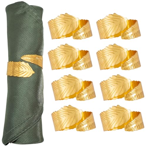 HEZILUO Gold Leaf Napkin Rings Set of 8, Metal Leaves Napkin Ring