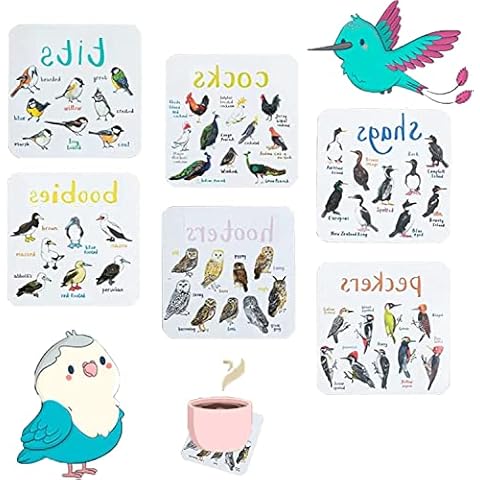 Set Of 6 Bird Pun Coasters,Different Patterns Square Ecos Friendly Absorbent Decorative,Funny Coasters Set Table with Non-Slip Decor Gift Idea for Bird Lover Friends Bar Housewarming Gift Coffee Cover