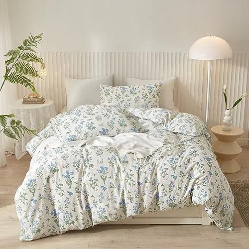 Ruccit White Floral Duvet Cover Set Double 100% Cotton Duvet Cover Double Bed 3pcs Garden Blue Green Chic Flower Bedding Set including Zipper Closure Corner Ties-Soft,Durable,Easy Care