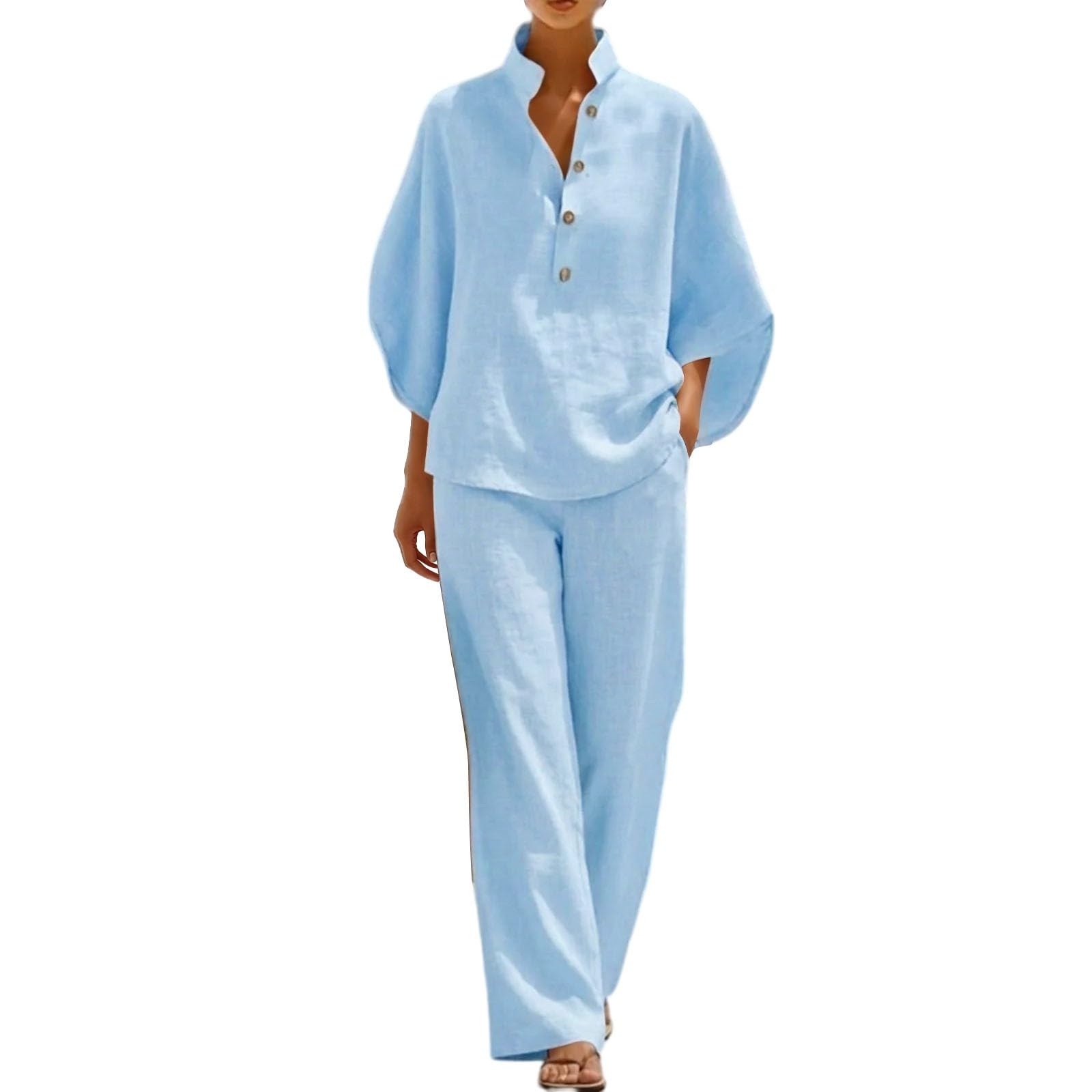 Générique Ensemble Femme Chic Et Elegant en Lin Grande Taill Ete Deux Pièces Chemise Manches Courts Col V Et Décontracté Pantalon Taille Tenue Couleur Unie Ensemble Pantalon Léger de Plage Jogging