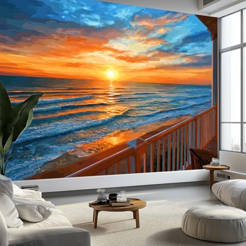 Carta da Parati Professionale 150 x 105 cm in TNT, Carta da Parati Resistente allo Sporco per Cucina e Sala da Pranzo, Decorazione Fotomurale Parete Dipinto Ad Olio Tramonto Sul Mare Paesaggio