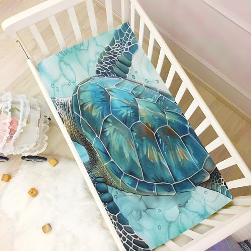 Image of Sea Turtle Crib Sheets Stretchy Portable Sheets for Baby Toddler Breathable Soft Crib Mattress Sheet for Girls Boys