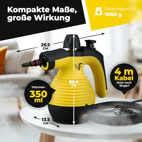 Neighbor's Friend® parni čistač Novi model - snažan ručni parni čistač, pritisak 3,5 bara, 4 m kabela, spremnik od 350 ml I ručni parni čistač za automobile, radionice, kućanstvo i pranje prozora