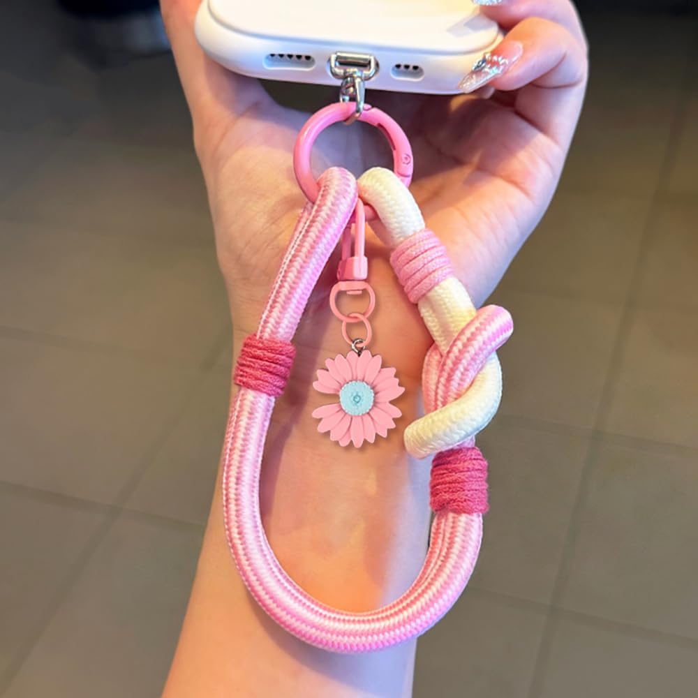 Pink Woven Phone Wrist Strap for Camera Cellphone Lanyard with Daisy Charm Adjustable Wrist Lanyard for Phone Wristlet Keychain Cute Flower Braided Camera Strap Wrist Straps Bag Charms Short Hand Rope image 2
