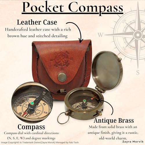 Brújula de Bolsillo Náutica de Latón con Estuche de Cuero Negro – Brújula de Navegación Vintage para Senderismo, Camping, Navegación y Coleccionistas miniatura 3