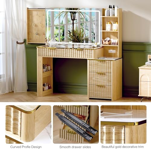 Image of 51 inch Vanity Desk with Power Outlet, Makeup Vanity with Mirror and Lights, 3 Lighting Modes, Vanity Table with Glass Top, 5 Drawers, and Jewelry Storage,Oak-01