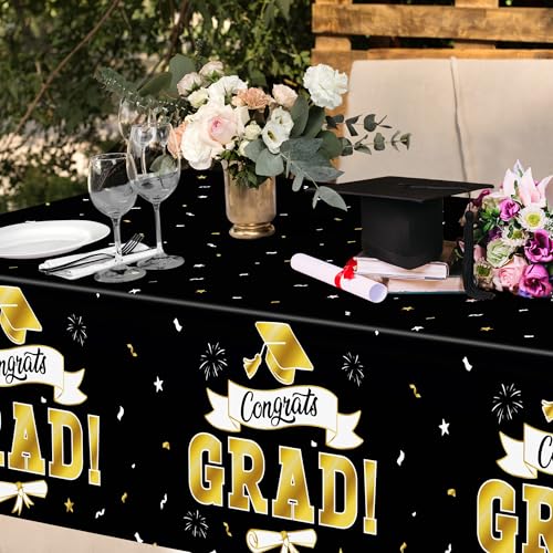 Image of 2Pack Graduation Decorations 2026, 108 inch X 54 inch Graduation Tablecover, Blackgold Rectangle Class of 2026 Table Cloths, Disposable Plastic Congrats Grad Tablecover for Grad Party Favors Supplies for Kids