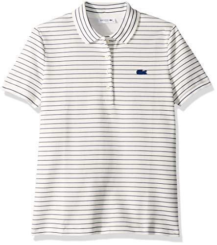 Lacoste Women's Short Sleeve Slim FIT Stretch Striped Polo, Flour/Inkwell, 8