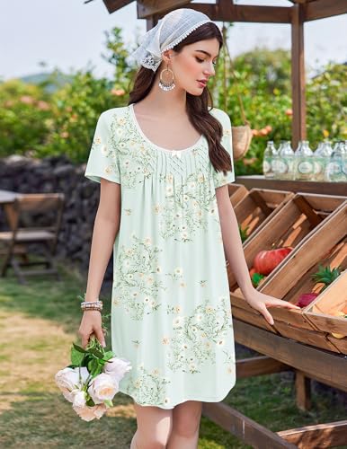Image of Ekouaer Nightgowns for Women Pleated Sleep Shirts Short Sleeve Night Shirts Lace Trim Night Gown Ladies Sleep Dress