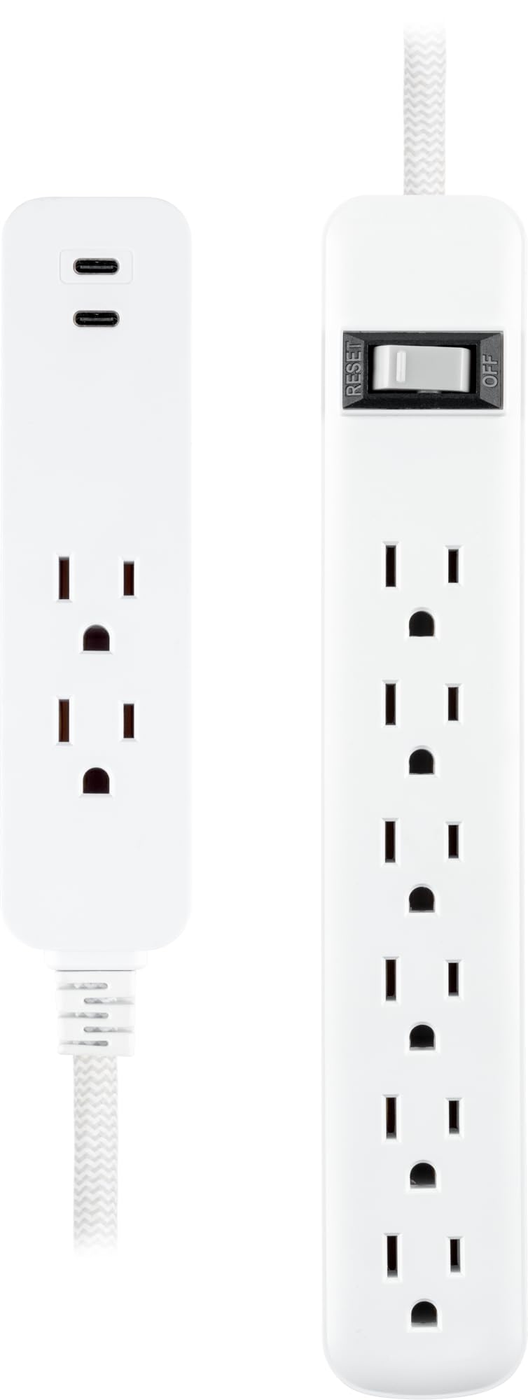 GE 6-Outlet & 2-Outlet Surge Protector Combo Pack with 2 USB-C Ports, 245 Joules, 2ft Braided Cords, Flat Plugs, ETL Certified, White, 86076