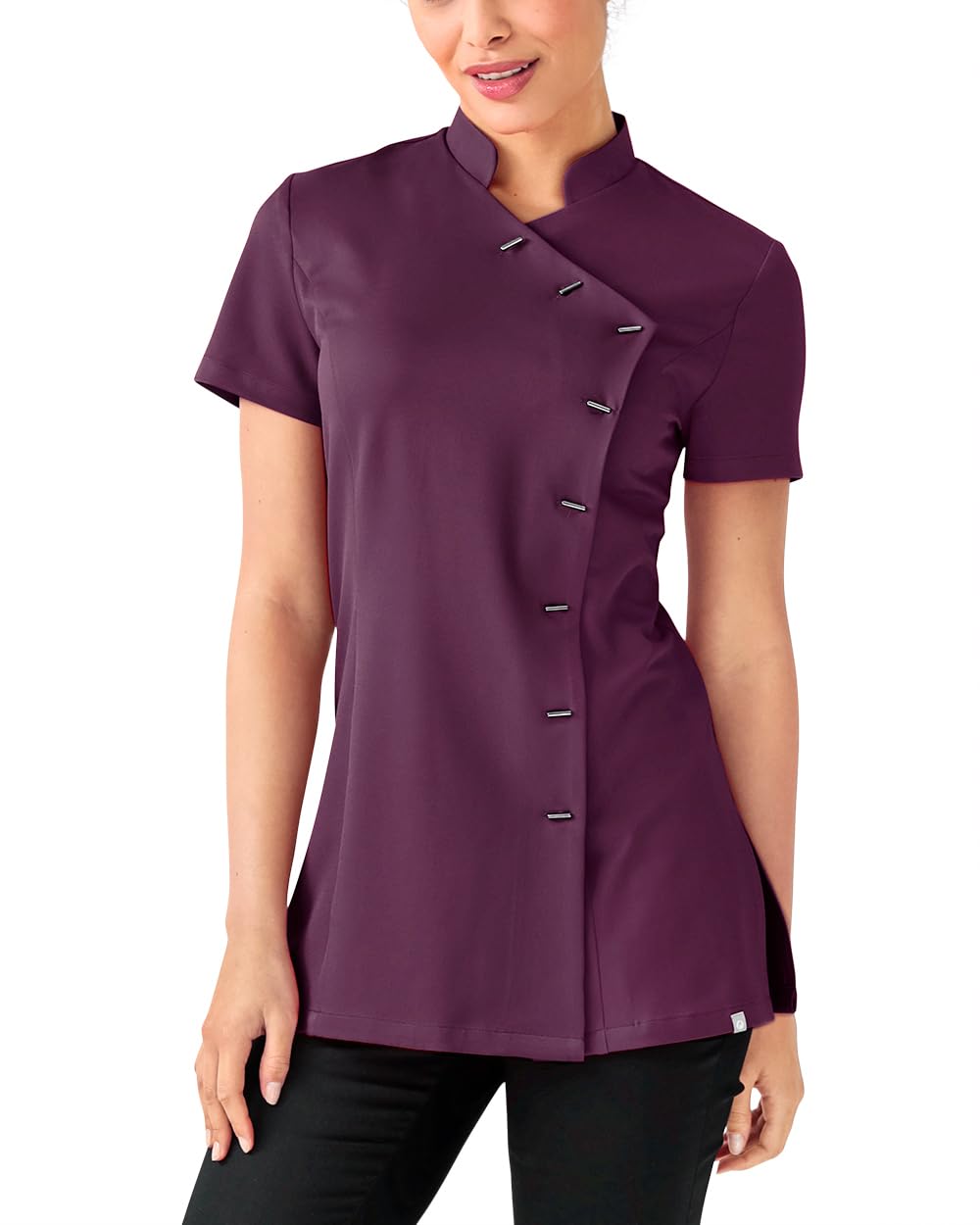 CLINIC DRESS Kasack Damen |1/2 Arm | Slim Fit | 4-Wege-Stretch | asymmetrische Knopfleiste | Stehkragen | Länge ca .75cm | Industriewäsche geeignet | 60 Grad Wäsche