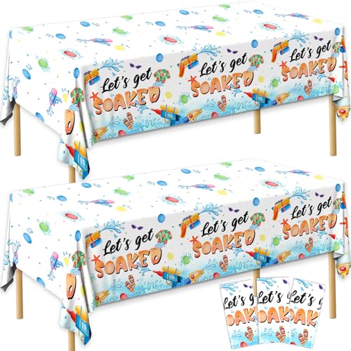 Image of Summer Party Decorations Pool Tablecloth, 3Pcs Let's Get Soaked Tablecloth Rectangle Water Gun Table Cover for Summer Pool Water Gun Soaked Splish Splash Party Supplies