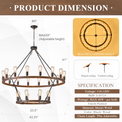 Image of Farmhouse Wood Wagon Wheel Chandelier 24-Light 43.3 inch Light Fixture