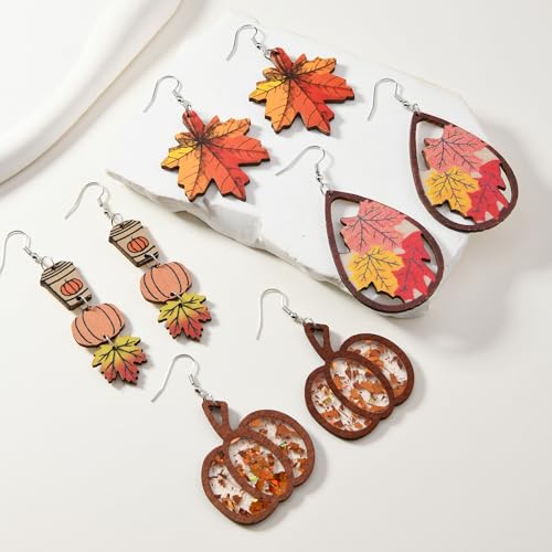 4 Pairs Fall Thanksgiving Earrings Set - Wooden Pumpkin Maple Leaf Shaped Coffee Mugs Thanksgiving Day Fun Drop Dangle Earrings - Holiday Jewelry3