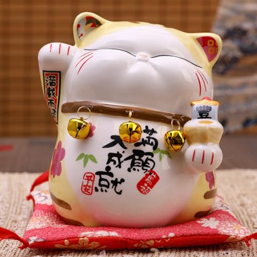 Mascotte Maneki Neko céramique jaune blanc chat de fortune salon table - 2