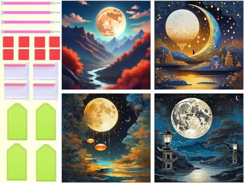 Peinture Diamant 5D Kit Complet - Lot de 4 Toiles Paysage de Lune pour un Intérieur Élégant