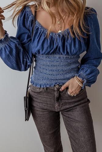 Women's Dark Blue Smocked Ruffled Puff Sleeve Denim V Neck Blouse4