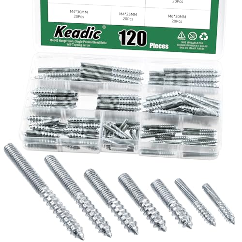 Image of Keadic 120Pcs Hanger Bolts, Silver Zinc Plated Hangers Bolt, M4 M6 Single Headed Bolts Self-Tapping Screw Hanger Bolts Wood Dowel Screw for Furniture